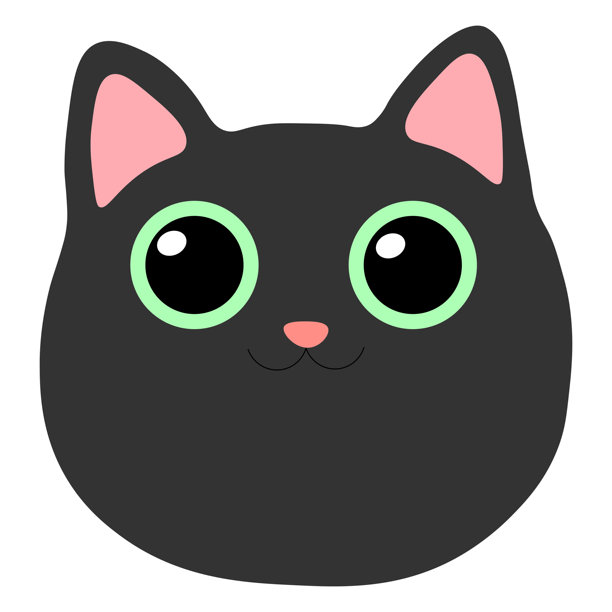 非常可爱的小黑猫脸。搞笑的微笑动物，特写。快乐的宠物，拥有大大的绿色眼睛。一个图标，孤立在白色背景上。三月的猫。图片下载
