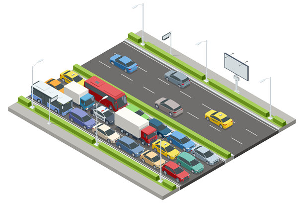 一个等距视角的图像展示了汽车、公交车和卡车在交通堵塞中。一些车辆在移动，而其他车辆则静止不动。广告牌和交通信号灯增添了细节。交通堵塞图片下载