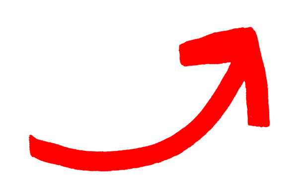 红色向上箭头图标，背景为白色。箭头标志是用马克笔手绘的。平铺展示。剪切路径。图片下载