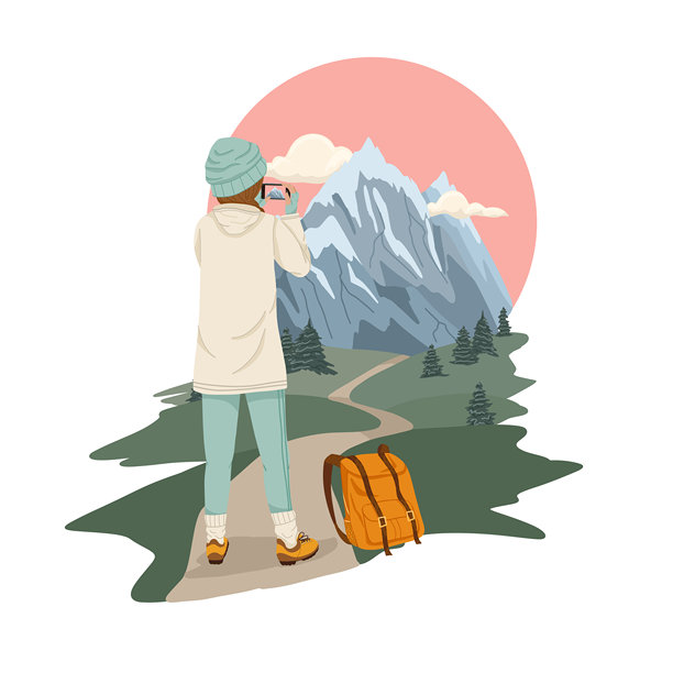 徒步旅行的女性矢量插图。站着的女性在拍摄山脉的照片。图片下载