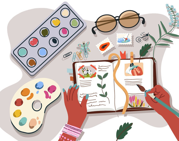 黑人女孩在剪贴簿上用颜料绘画，记录海边旅行的回忆。日记中有笔记、照片和夏季假期的画作，还有干燥的植物。矢量图。图片下载