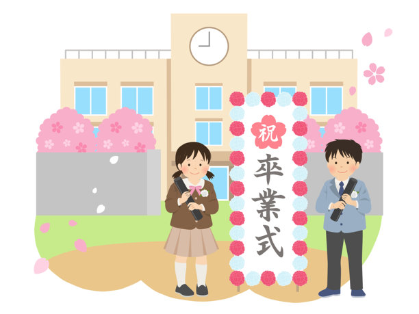 毕业典礼图像素材_矢量插图，孩子在学校建筑前手持文凭图片下载