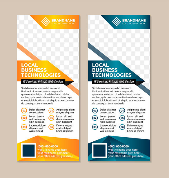 抽象设计的展架模板集合，标题为本地商业技术、IT服务、印刷和网页设计。垂直布局，白色背景上留有照片拼贴的空间。图片下载
