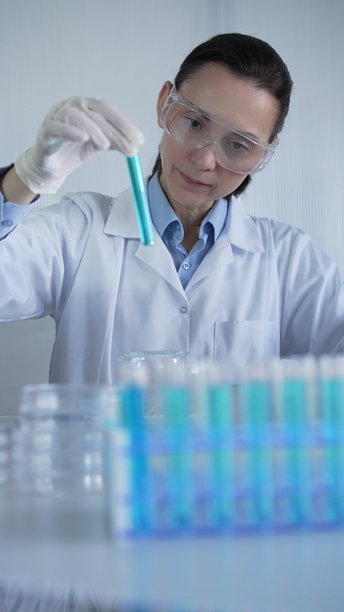 女性实验室工作人员或科学家，穿着白大褂，戴着蓝色医用手套和防护眼镜，正在现代实验室中检查装有蓝色液体的试管。低调照明照片。科学与医学图片下载