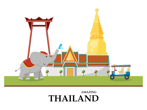 充满活力的泰国插图，展示了标志性的玉佛寺、巨型秋千、大象和嘟嘟车，并带有“惊艳泰国”字样。非常适合旅行和文化主题。图片下载