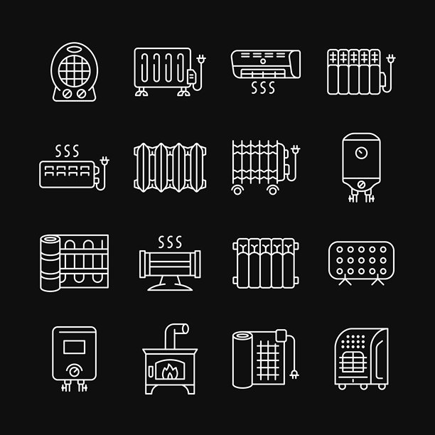 加热器线条白色图标集，背景为黑色。加热设备矢量标志。对流器、油汀、炉子、风扇加热器、红外加热器、地暖、空调符号。可编辑的线条。图片下载
