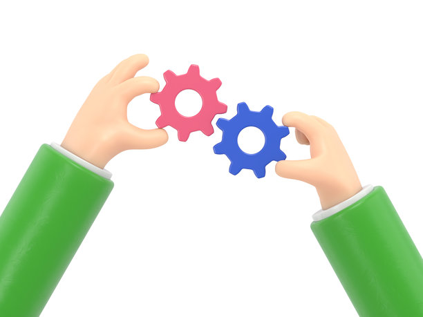 卡通手势图标模型。手绘的三维插图，展示两只手握着齿轮。白色背景上的三维渲染。图片下载