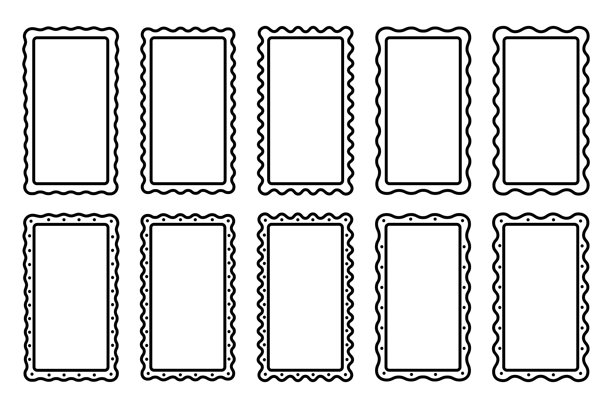 一组带波浪边缘的矩形框架。用于照片、图片或镜子的渐变效果。空白框、标签、印章或标签模板。矢量图形插图图片下载