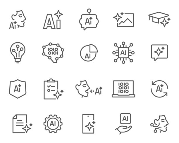 心智与机器：一系列精美线条展示人工智能文本生成、照片创作、文档处理、聊天助手、算法、自动化、机器视觉和现代科技的数据处理。图片下载