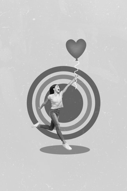 年轻女孩在米色背景上奔跑跳跃，手持粉色气球，毫无顾虑地庆祝情人节的拼贴照片。图片下载