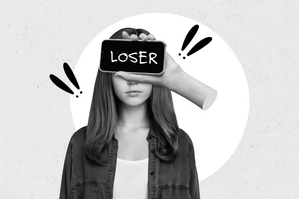 拼贴风格的3D图像，展示了一个手臂持现代设备的复古插画，主题为网络欺凌的小孩，背景为孤立的绘画。图片下载