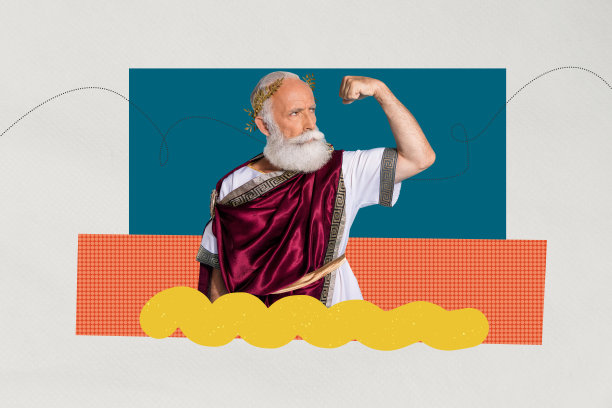 万圣节面具舞会希腊服装的合成素描设计艺术照片拼贴，老年男子留着胡须，摆出力量手势，展现肌肉。图片下载