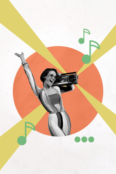 艺术竖版照片拼贴，快乐女孩听着音响播放的音乐，享受旋律，90年代派对庆祝的乐趣。图片下载