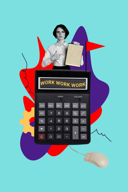 海报草图图像 3D 照片拼贴，展示了工作人员的人力资源工作空间，职业商务，计算器，年轻女士，手指点按，夹板文件。图片下载