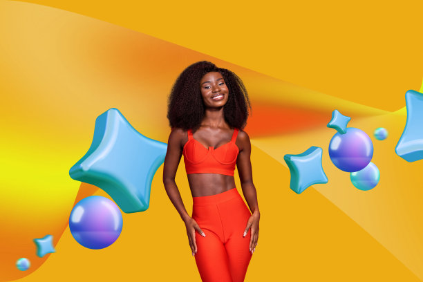 创意图片拼贴，漂亮的年轻快乐女性，3D人物元素，气泡，迷人的健康女孩，绘画背景图片下载