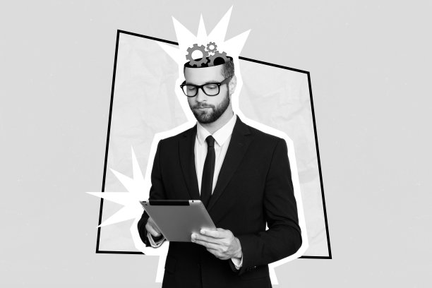 严肃自信的男性工作人员在现代设备上工作的独特杂志图片素描拼贴，背景为绘画风格。图片下载