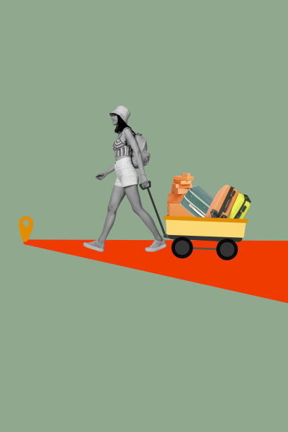 快乐女孩游客的趋势图像，垂直照片拼贴，背着背包，推着行李箱，携带补给箱，带有地理位置图标和GPS导航。图片下载