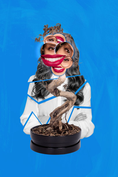 奇怪的面孔女士的3D照片拼贴艺术作品，拥有许多眼睛和嘴巴，树木在花盆中长出头部而不是叶子。图片下载