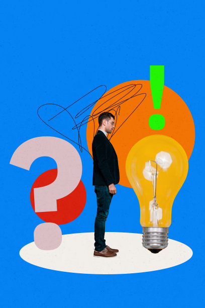 创意竖版照片拼贴，严肃的男人与灯泡、想法、感叹号、警告、停电、问题、决策和寻找元素。图片下载