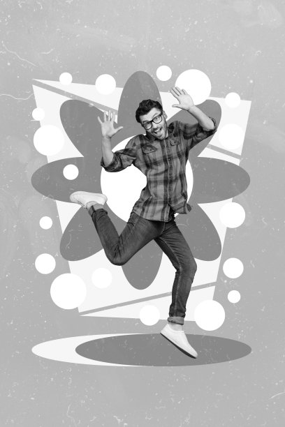 创意照片3D拼贴艺术海报明信片，快乐的男人因获得优异成绩而欢欣鼓舞，背景为绘画风格。图片下载