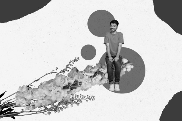 创意抽象模板图形拼贴，搞笑微笑的男孩坐在大花朵上，背景为手绘风格图片下载