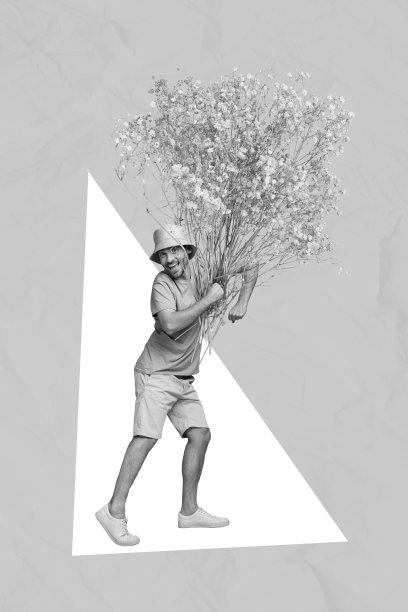 创意照片3D拼贴艺术海报明信片，展示一个时尚男士在绘画背景下祝贺女孩，手持巨大的花束。图片下载