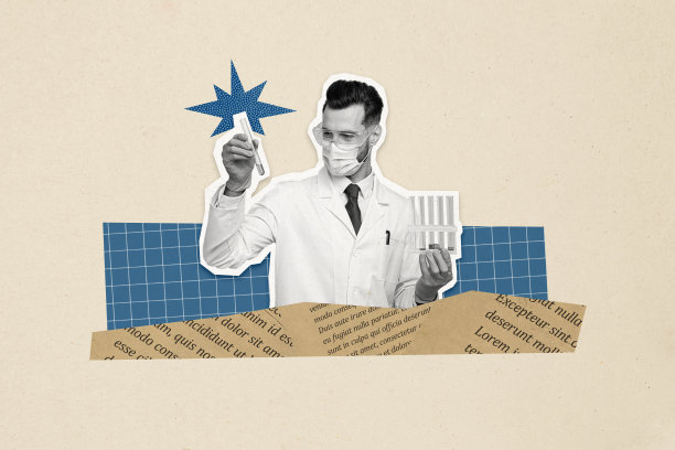 年轻实验室医生手持玻璃试管的合成照片拼贴，探索新冠疫苗预防，帮助孤立在涂鸦背景中。图片下载