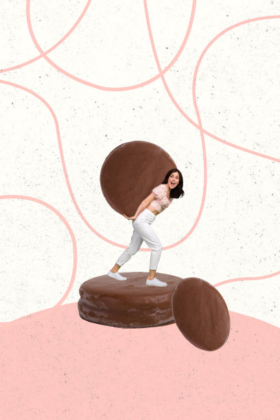 年轻强壮快乐的女士手持巨大的巧克力糖霜饼干，背上背着一个拼贴的3D照片艺术草图。图片下载