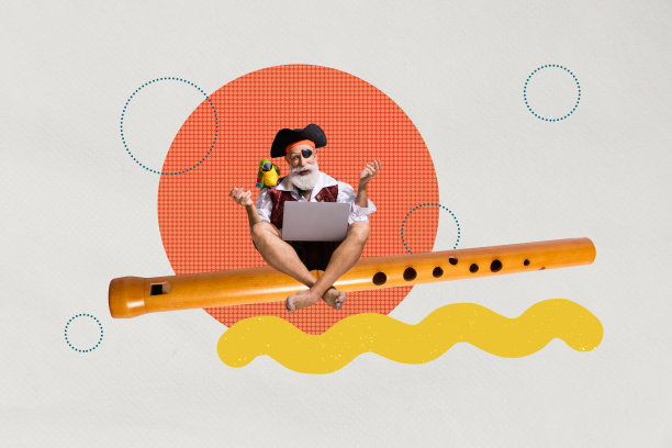 面具派对的老年海盗与鹦鹉的草图设计趋势艺术海报照片拼贴，坐着的大号长笛音乐家在乐团中演奏。图片下载