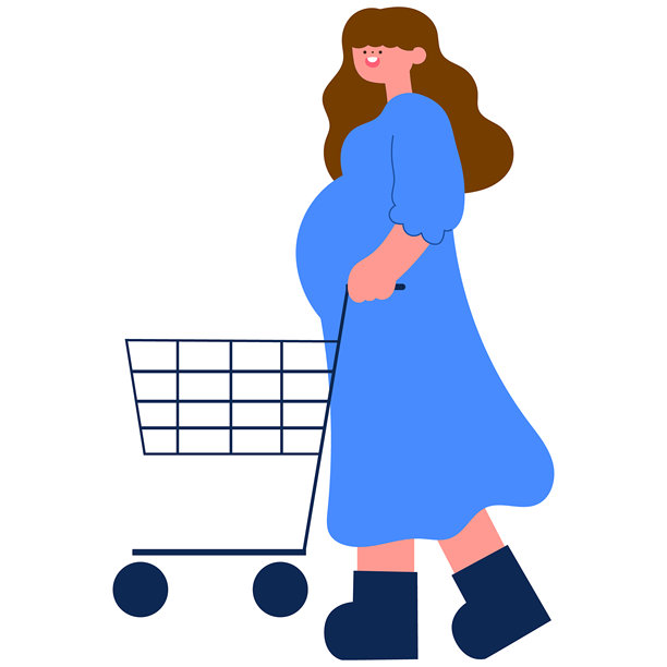 快乐的孕妇在商店购物，为母亲身份做准备，扁平化矢量插图图片下载
