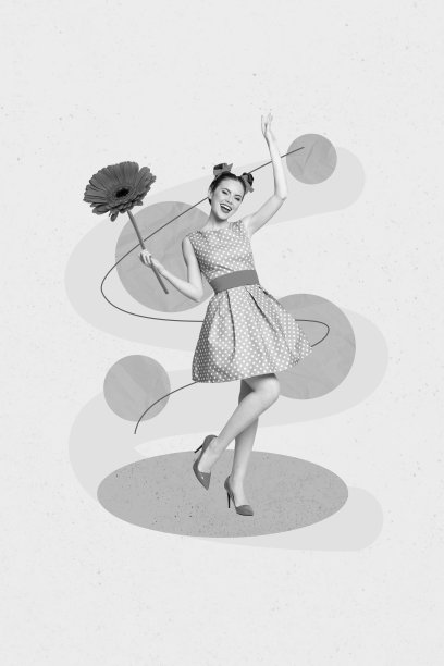 垂直创意照片拼贴插图，展现一位积极、快乐、平和的女孩在米色背景上跳舞，手中握着红花。图片下载