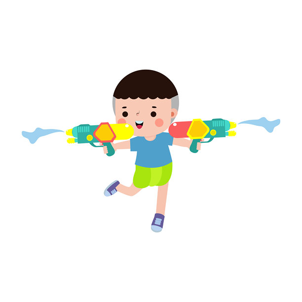 宋干节，泰国传统儿童玩水枪，尽情嬉戏，水花四溅，卡通角色，扁平风格，快乐的泰国新年，白色背景上的矢量插图图片下载