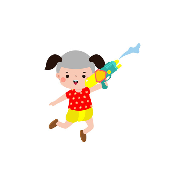 宋干节，泰国传统儿童玩水枪，尽情嬉戏，水花四溅，卡通角色，扁平风格，快乐的泰国新年，白色背景上的矢量插图图片下载