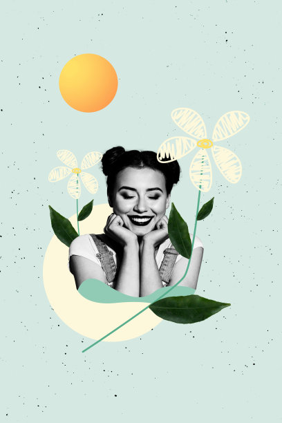 春季假日自然雏菊花户外阳光年轻女性肖像愉快微笑的3D照片拼贴趋势模板设计图片下载