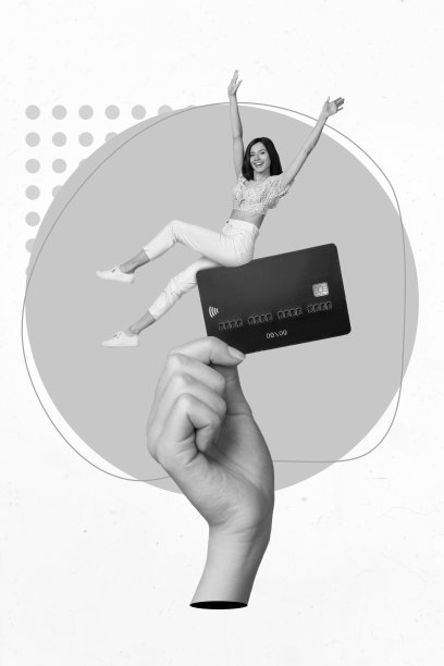 年轻积极的女银行家坐在大塑料高档电子卡促销上，双手举起庆祝，创意海报拼贴照片，背景为涂鸦风格。图片下载