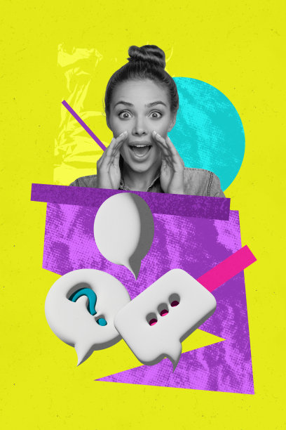 快乐漂亮的年轻女孩的竖版照片拼贴，尖叫的文字框，交流信息的气泡，背景为涂鸦风格。图片下载