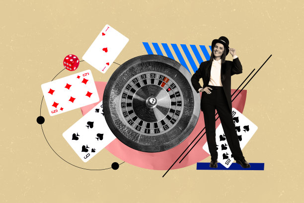 创意图片拼贴：年轻女性站立在赌场，身穿正式服装，周围有轮盘、扑克牌和骰子的组合，背景为绘画风格。图片下载