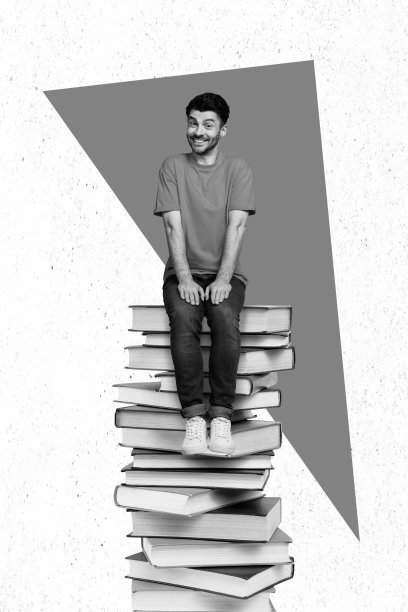 有趣的时尚男士坐在巨大的书堆上，创意3D照片艺术图形拼贴画，背景为手绘风格图片下载