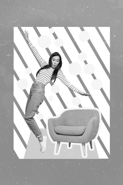 年轻兴奋女孩跌倒在灰色扶手椅上的海报艺术拼贴照片，家具促销，背景为蓝白色。图片下载