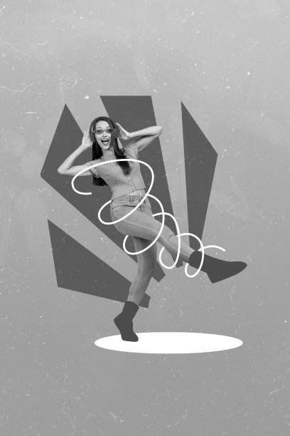 独特的杂志图片素描拼贴，描绘了一位微笑快乐的女士在孤立的画背景中走动，享受音乐。图片下载