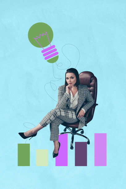 快乐女商人在办公椅上坐着，周围是关于统计发展的图表和灯泡创意的竖向照片拼贴。图片下载