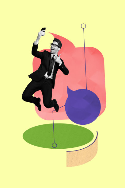 穿着正式西装的快乐男士在拍自拍，背景是3D沟通图标和聊天云的竖版艺术照片拼贴。图片下载