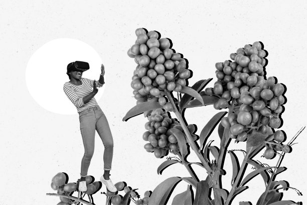 创意照片3D拼贴艺术海报，展示一位戴着虚拟现实眼镜的疯狂女孩在画作背景中观察自然。图片下载