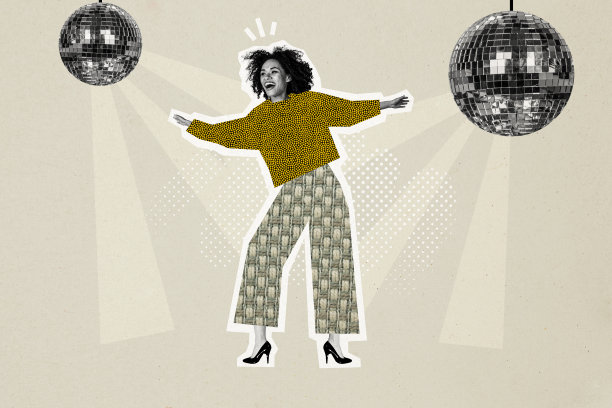 快乐的美国女孩在舞会、迪斯科球、派对灯光闪耀的场合中跳舞的拼贴照片，背景为涂鸦风格。图片下载