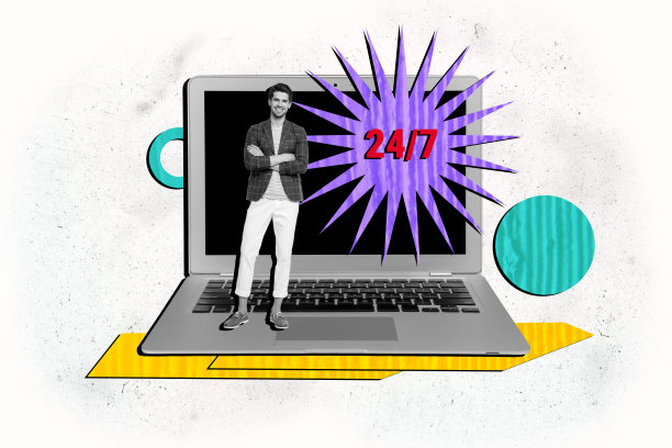 快乐微笑的商人站在MacBook键盘前，24小时程序员帮助服务的合成照片拼贴，背景为涂鸦风格。图片下载