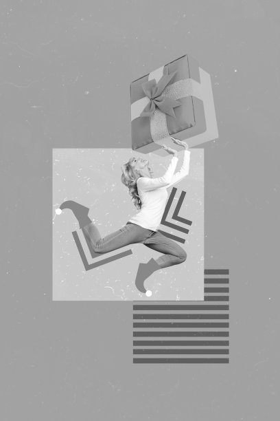 新年概念的照片艺术拼贴，跳跃的时尚圣尼古拉斯助手女性手持绿色礼品盒，背景为红色。图片下载