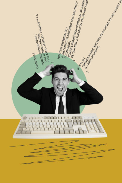 趋势艺术作品合成素描图像 3D 照片拼贴，展示一位过劳的办公室经理，正在多任务处理，使用复古键盘的男性。图片下载