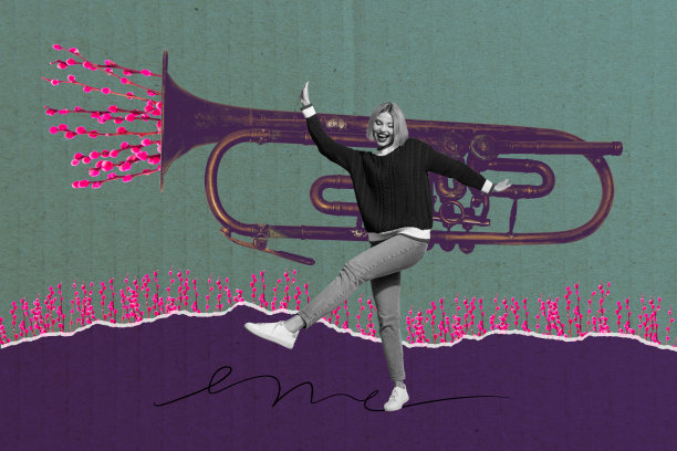 复合艺术作品 3D 照片拼贴 植物花卉春季趋势 年轻女性在户外漫步 经典音乐乐器 管乐器图片下载