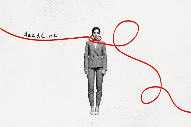 失落女孩在截止日期到期、问题失败、被解雇的情况下站在排队的合成照片拼贴，背景为涂鸦风格。图片下载