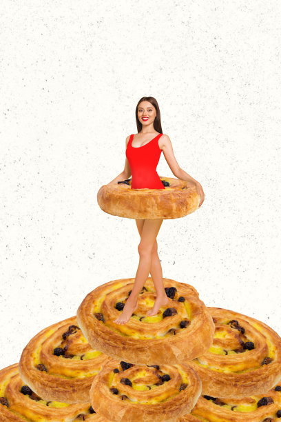 女孩穿泳衣的垂直照片拼贴，代替救生圈的垃圾食品、碳水化合物、烘焙食品和卡路里，背景为涂鸦风格。图片下载